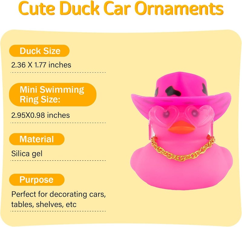 wonuu Car Cowboy Rubber Ducks, Dashboard Decorations Pink Duck for Car Ornament Accessories with Hat Heart Glasses Chain, Pink Black - Image 3